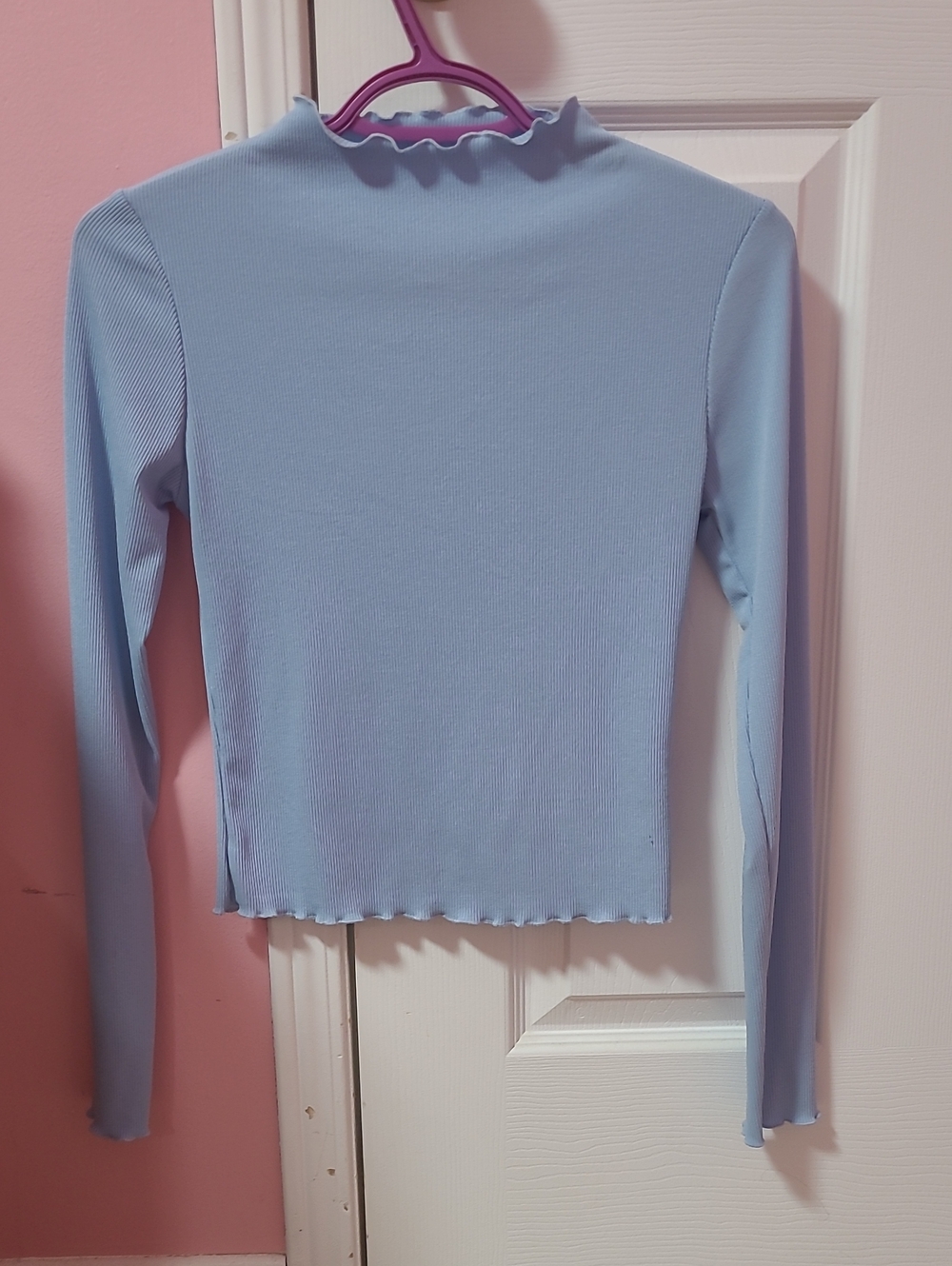Hollister Light Blue Ruffle Edge Mock Neck Long Sleeve Top